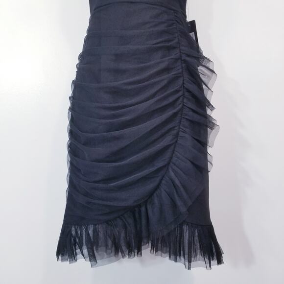BEBE Black Ruched Illusion Neckline Ruffle Cocktail Dress Sleeveless Mock Neck - Picture 4 of 12